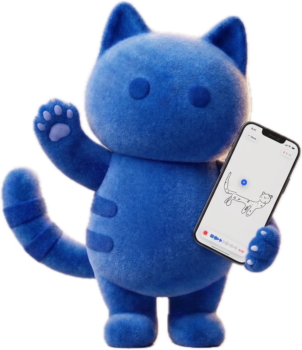 Kids Create mascot holding a phone with a child's drawing and voice recording