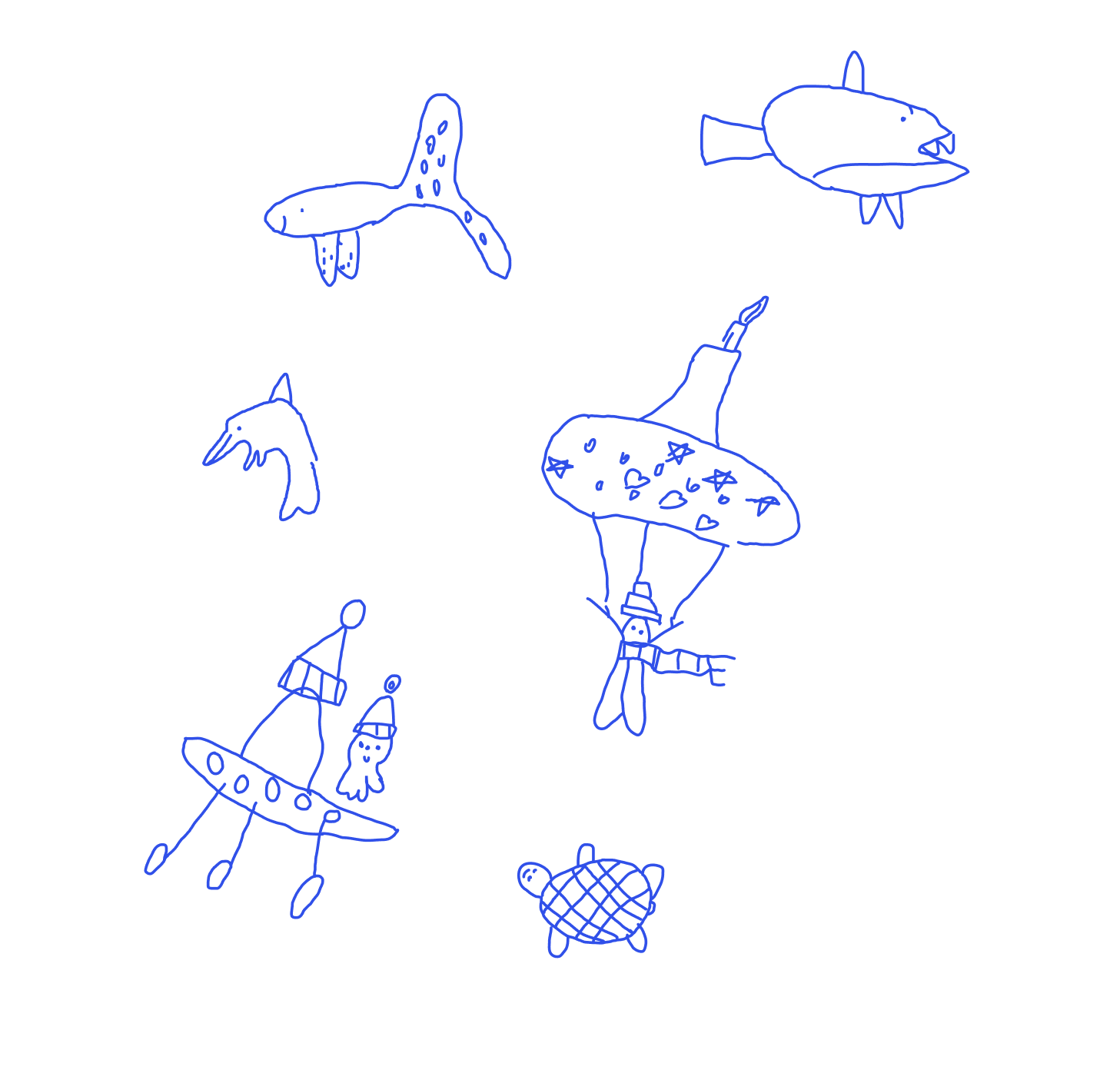 Child's drawing of fish and turtle